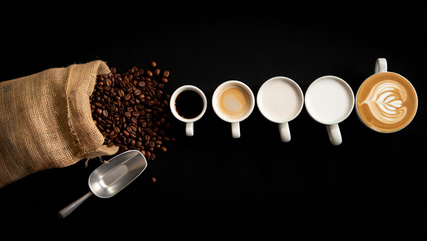 Coffee Background Aromatic Coffee Selection Espresso Latte Cappuccino and Milk Roasted Beans and Scoop photo