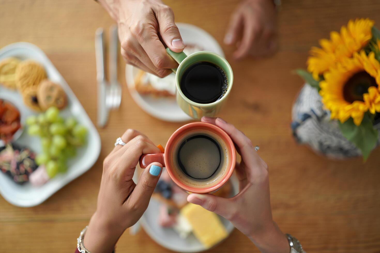 Coffee Background Couple Enjoying Coffee Together Breakfast Date Top View photo