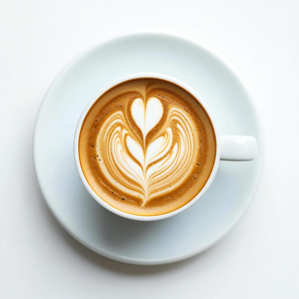 Coffee Background Delicious Latte Art Close Up of a Cappuccino with Heart Design in White Cup photo
