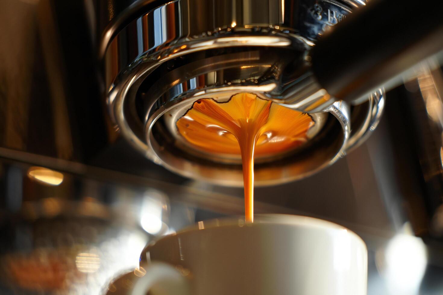 Coffee Background Espresso Machine Brewing Rich Coffee Close up Shot of Coffee Extraction Process photo