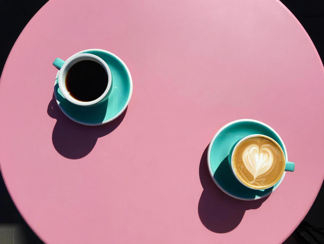Coffee Background Two Cups of Coffee on Pink Table Espresso and Latte Art Cafe Beverage photo