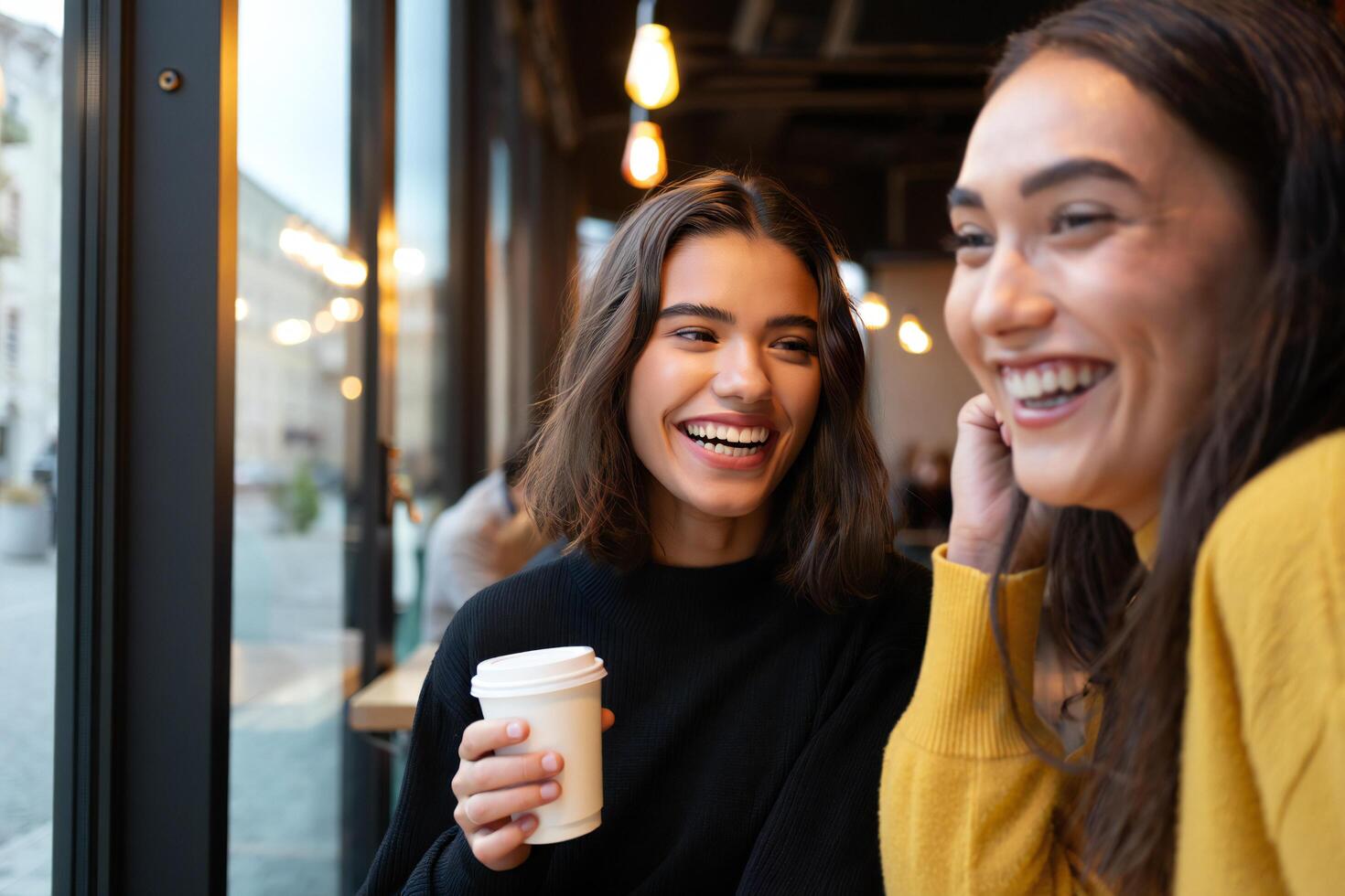 Coffee Background Two Happy Young Women Friends Enjoying Coffee at a Trendy Cafe photo
