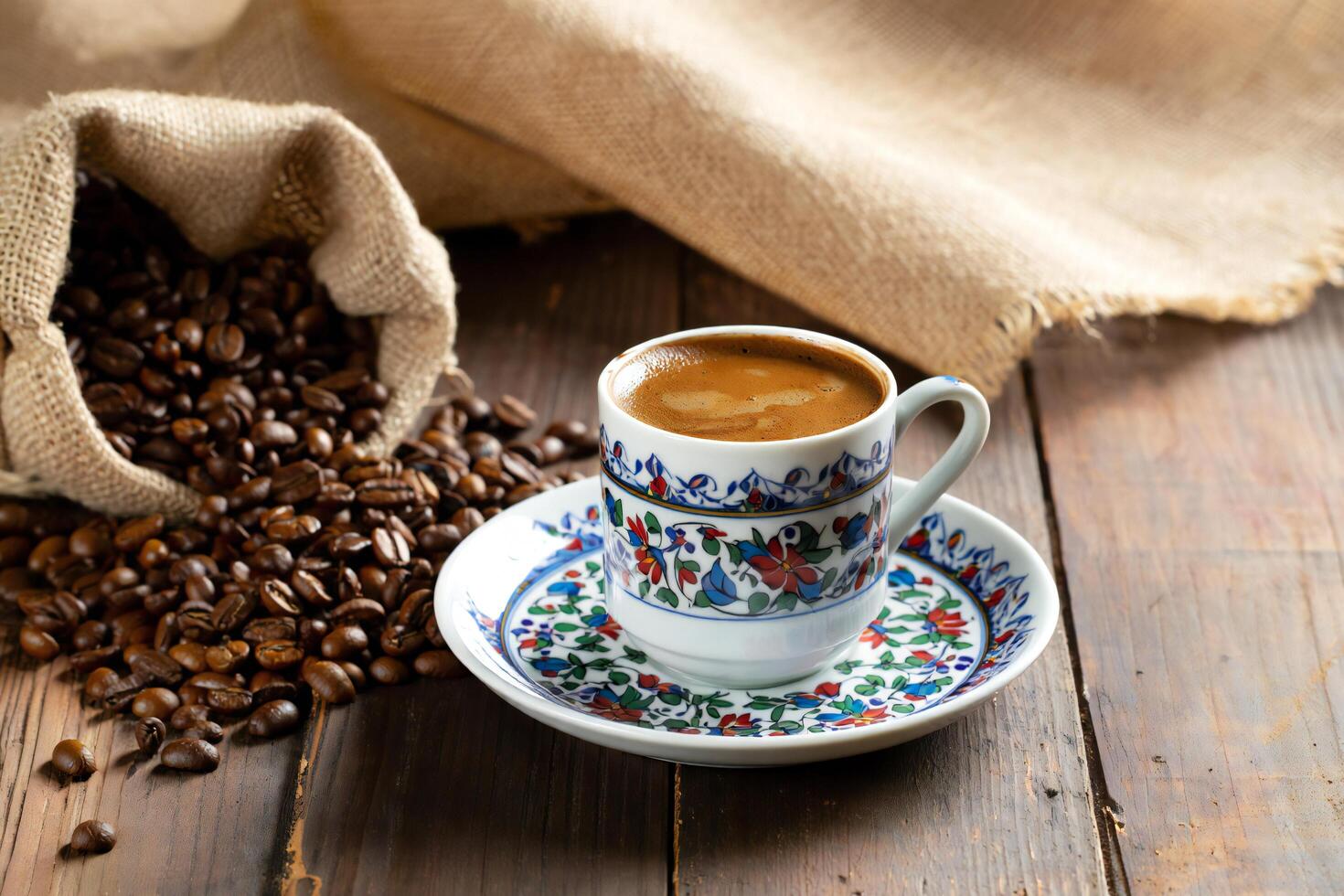 Coffee Background Aromatic Turkish Coffee in Decorated Cup with Roasted Beans photo