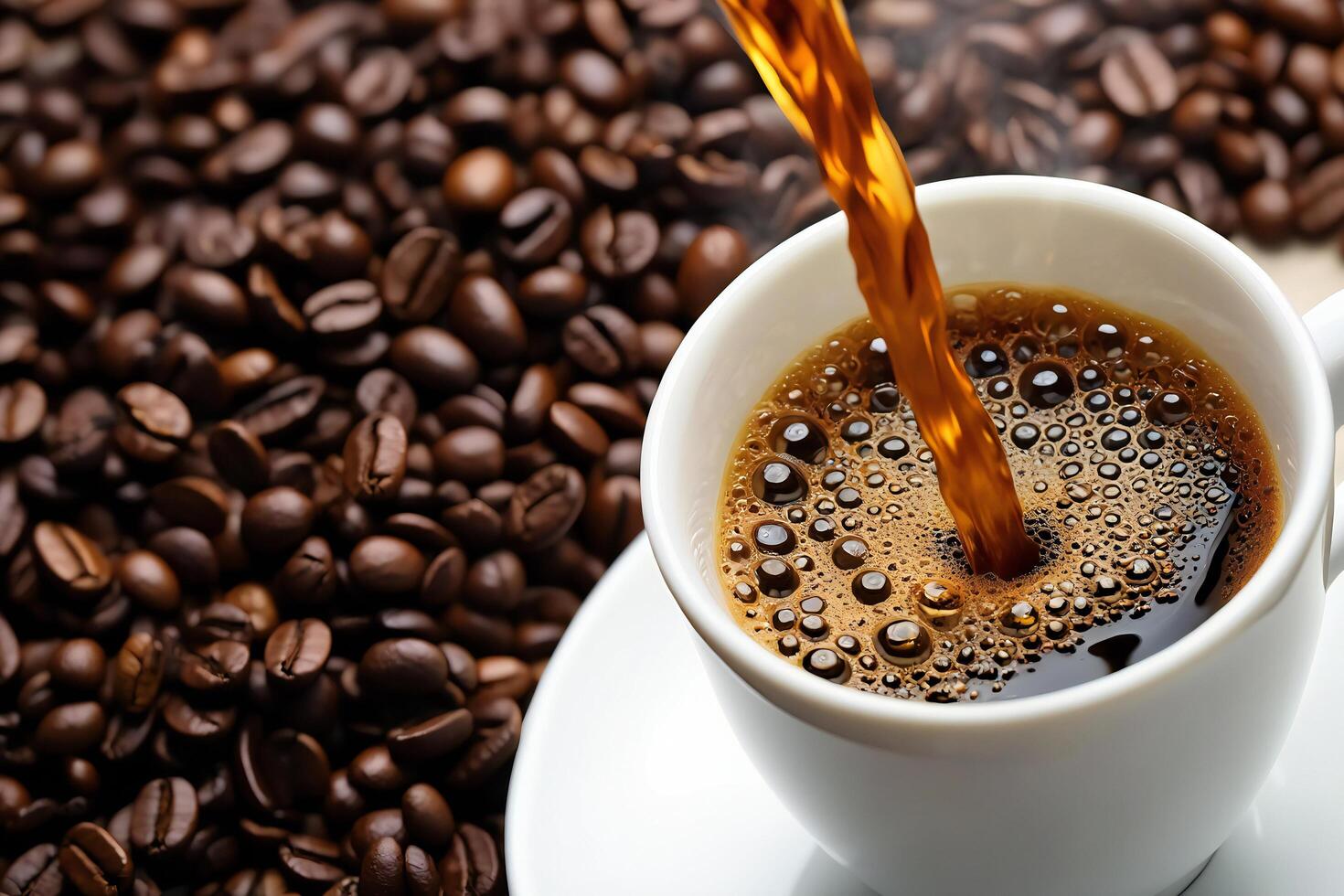 Coffee Background Freshly Brewed Coffee Pouring into Cup with Roasted Beans photo