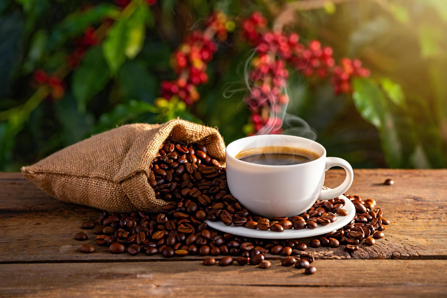 Coffee Background Aromatic Coffee Cup with Steaming Brew and Roasted Beans on Rustic Wooden Table photo