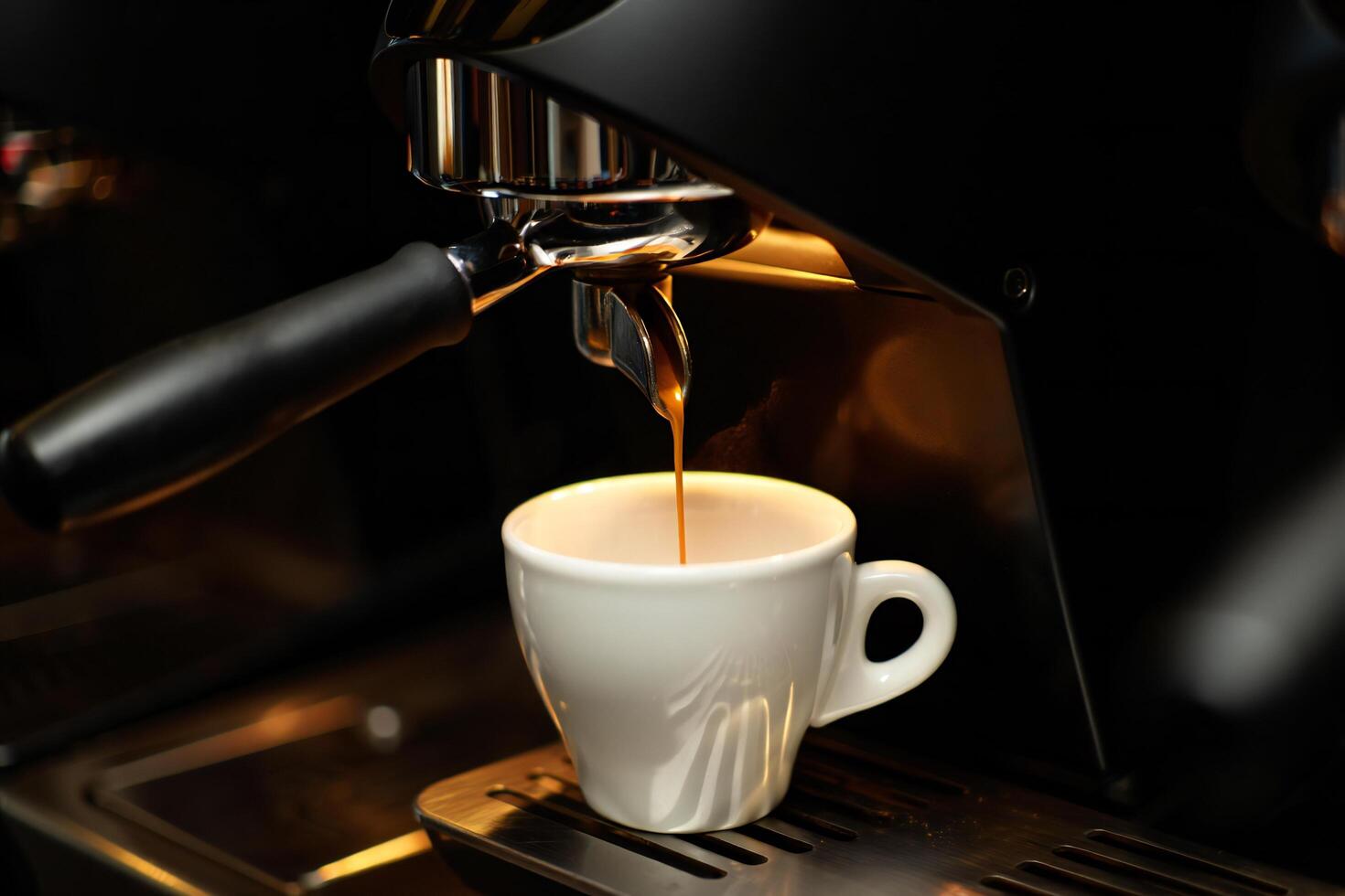 Coffee Background Espresso Machine Brewing Fresh Coffee into White Cup Close Up photo