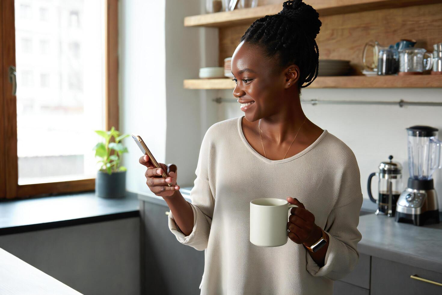 Coffee Background Happy Young Black Woman Using Smartphone in Modern Kitchen Drinking Coffee photo
