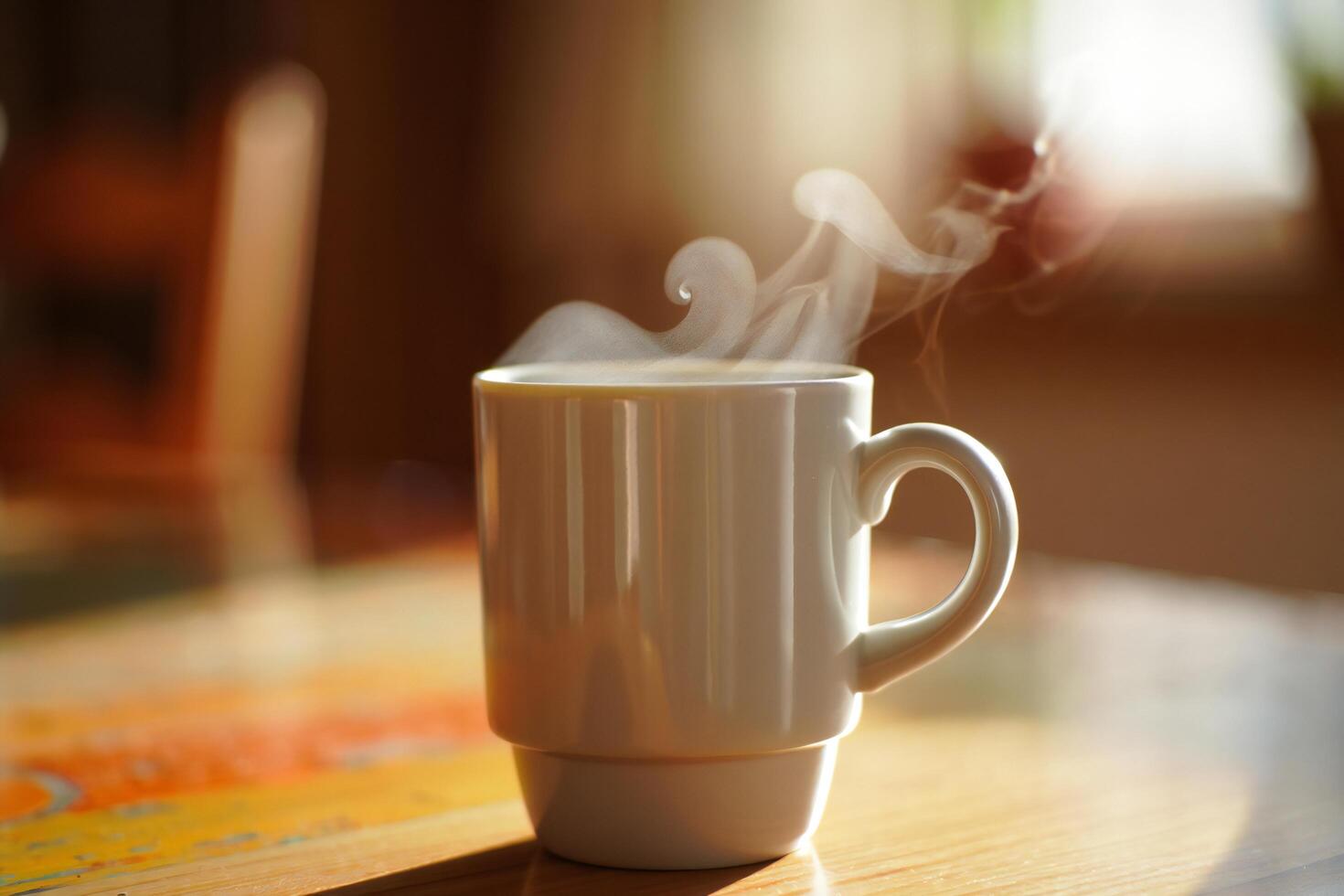 Coffee Background Warm Morning Coffee Steam Rising from Mug on Wooden Table photo