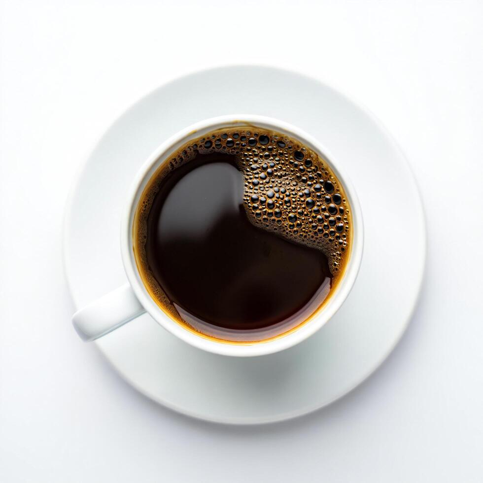 Coffee Background Aromatic Black Coffee in White Mug and Saucer Overhead View photo