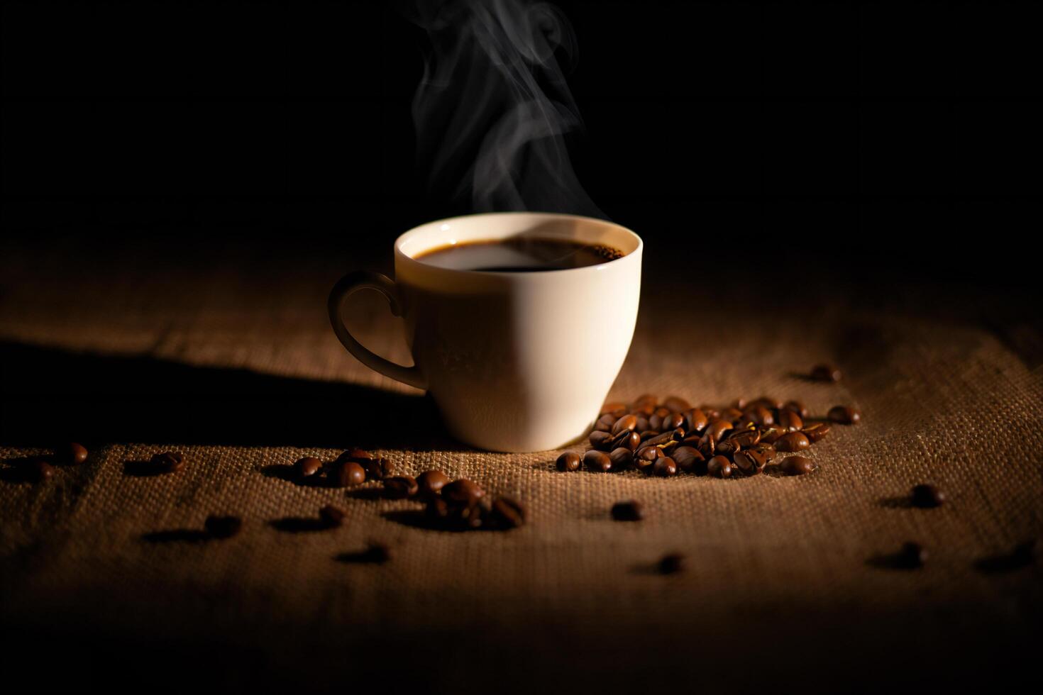 Coffee Background Aromatic Coffee Cup with Steaming Brew and Roasted Beans on Burlap photo