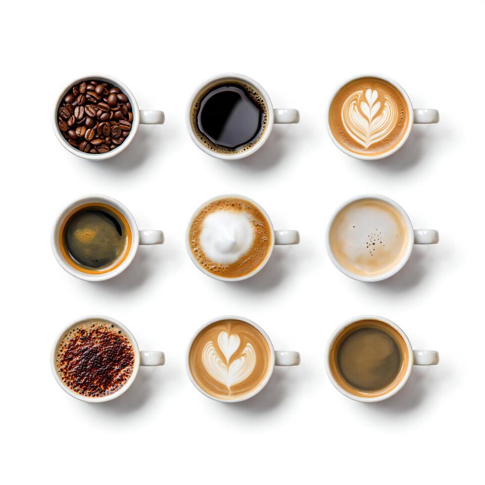 Coffee Background Nine Coffee Cups Variety Espresso Latte Art Cappuccino Beans Beverage Collection photo