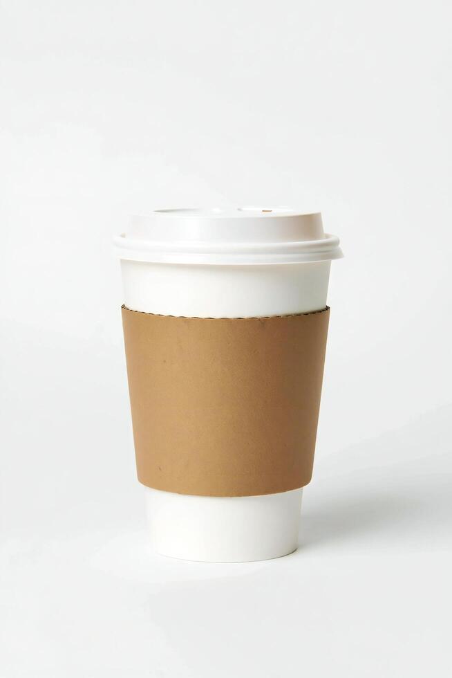 Coffee Background Disposable Coffee Cup with Cardboard Sleeve White Take Away Cup Mockup photo