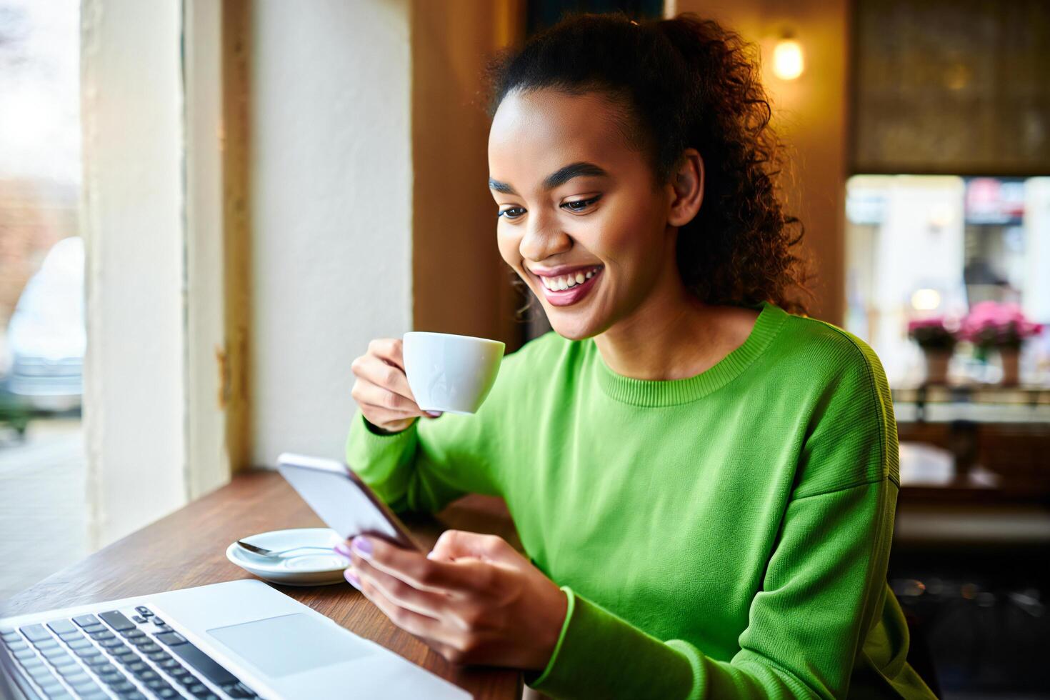 Coffee Background Happy young woman using smartphone and drinking coffee in cafe near window photo
