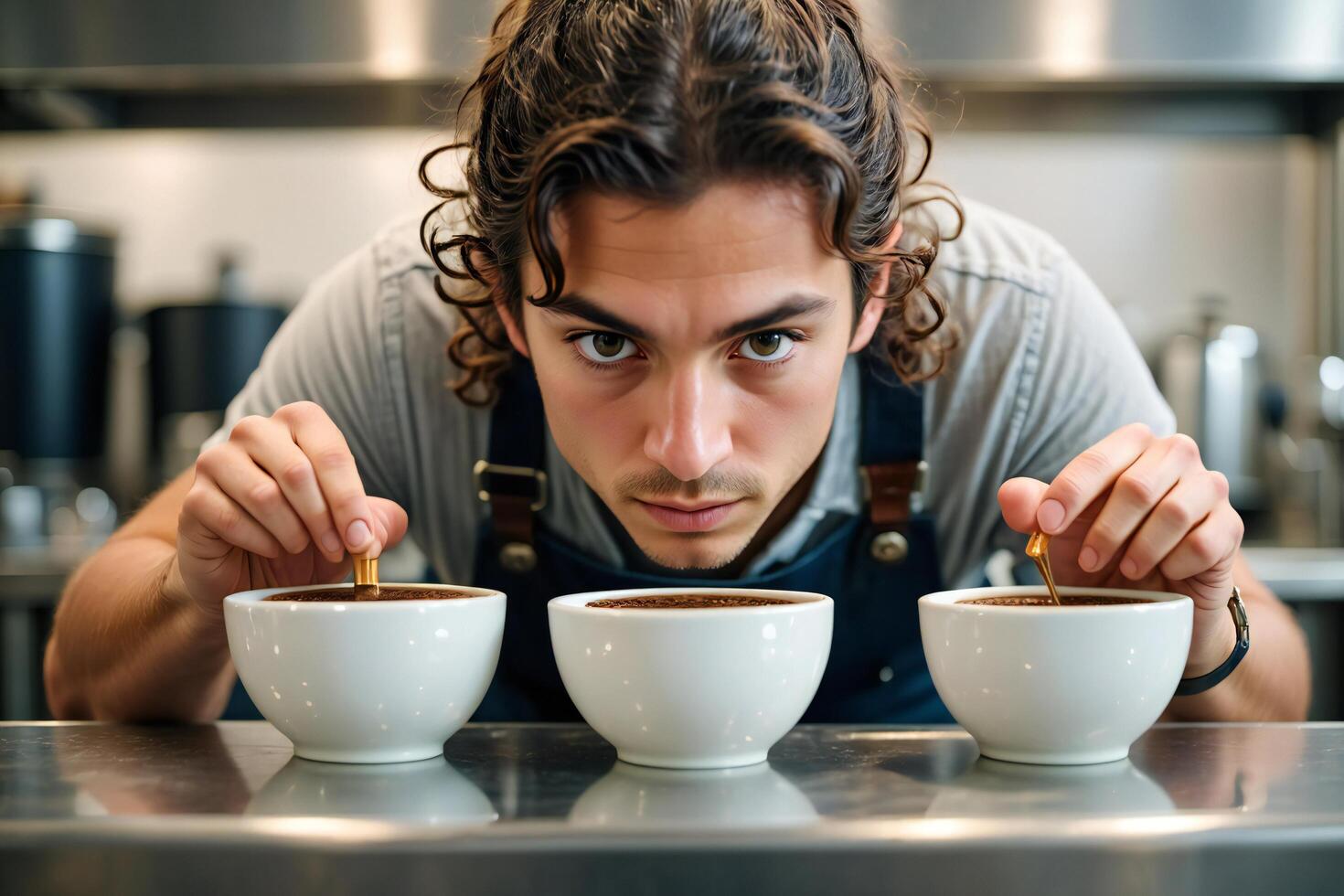 Coffee Background Focused Barista Carefully Evaluating Coffee Grounds in Cups for Quality Control photo