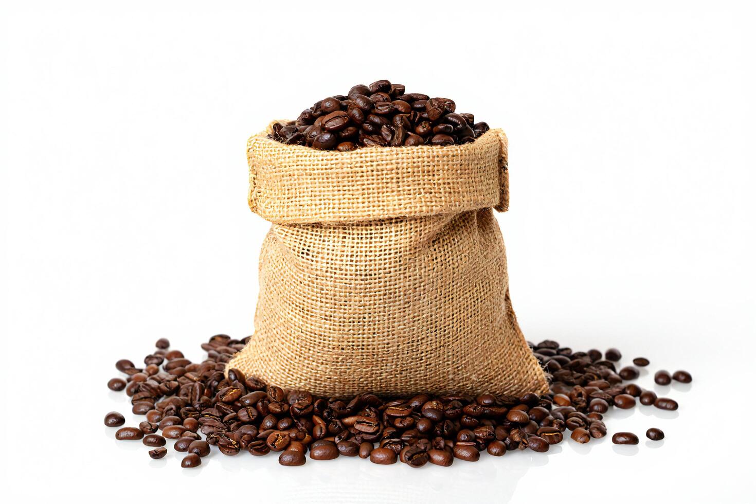 Coffee Background Aromatic Roasted Coffee Beans in Burlap Sack Studio Shot White Background photo