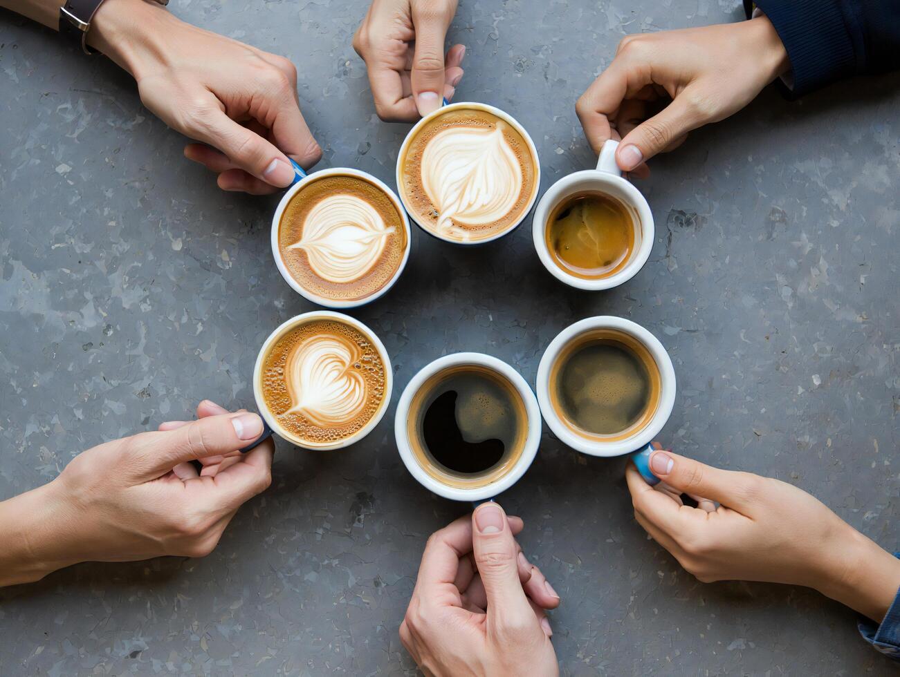 Coffee Background Six Cups of Coffee Latte Art Top View Friends Gathering Cafe Drinks Beverages photo