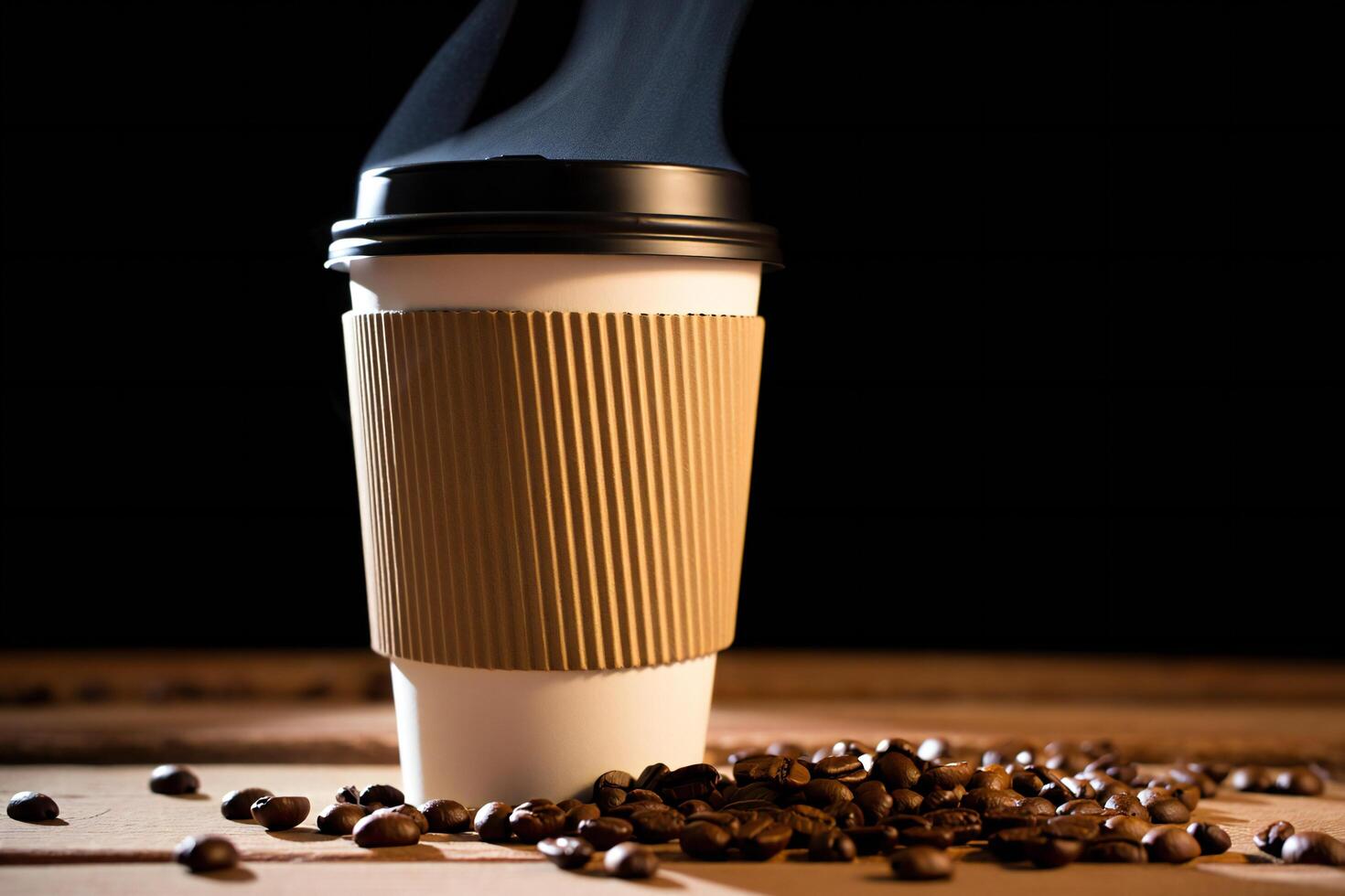 Coffee Background Steaming Hot Coffee in Disposable Cup with Coffee Beans on Wooden Table photo