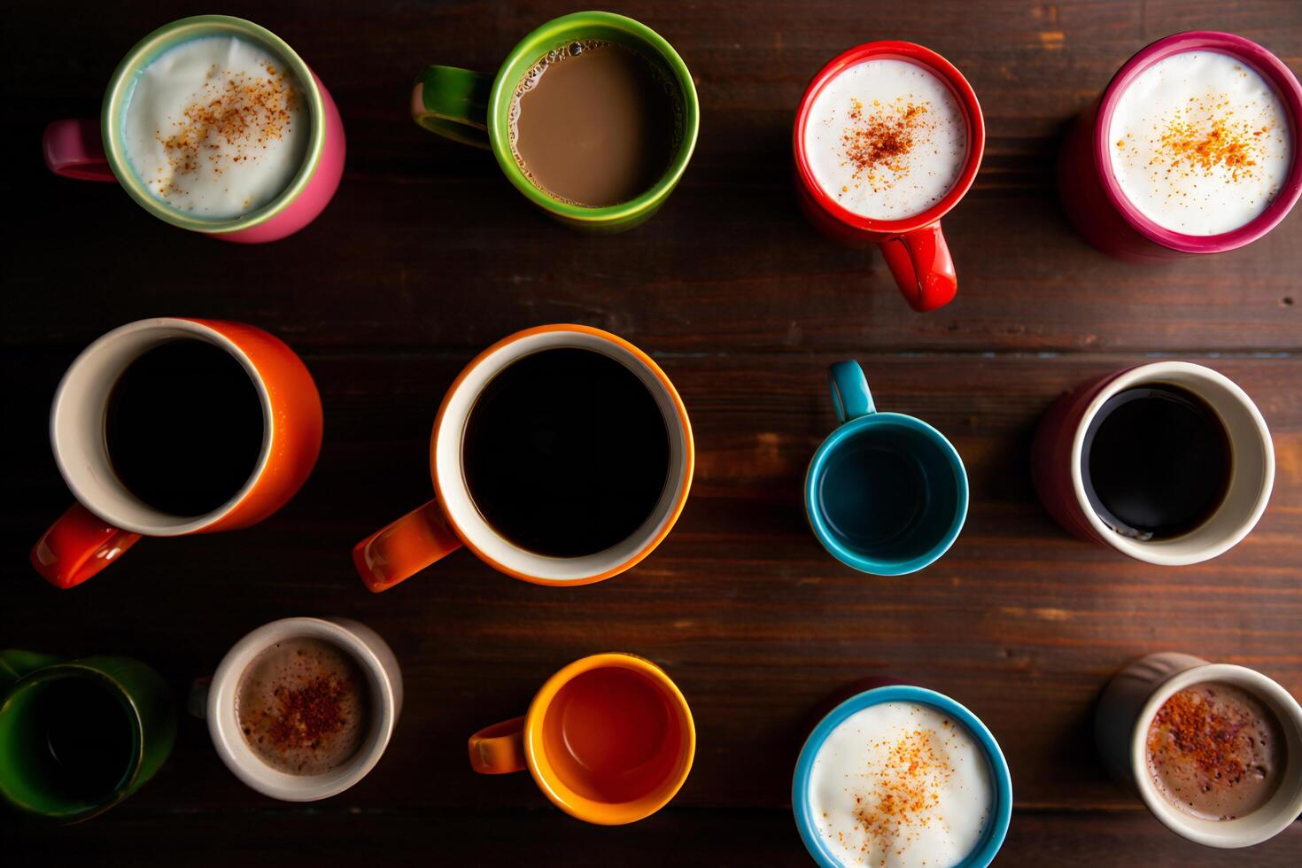 Coffee Background Colorful Coffee Cups Assortment Hot Beverages Variety of Drinks Wooden Table Background photo