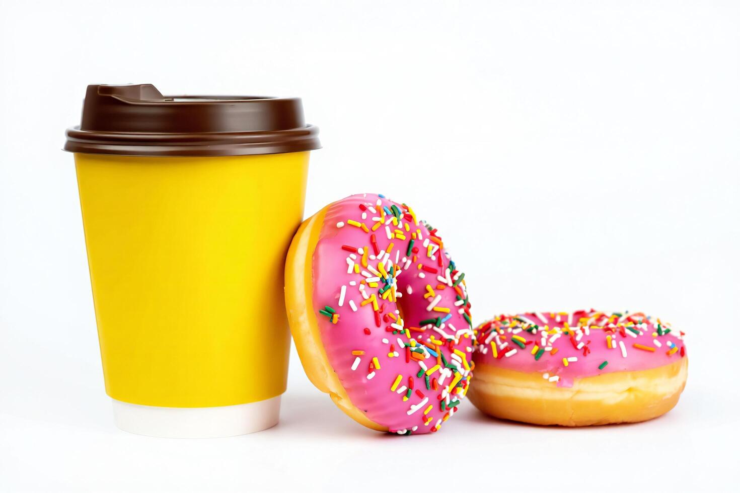 Coffee Background Delicious Pink Donuts with Sprinkles and Yellow Coffee Cup photo