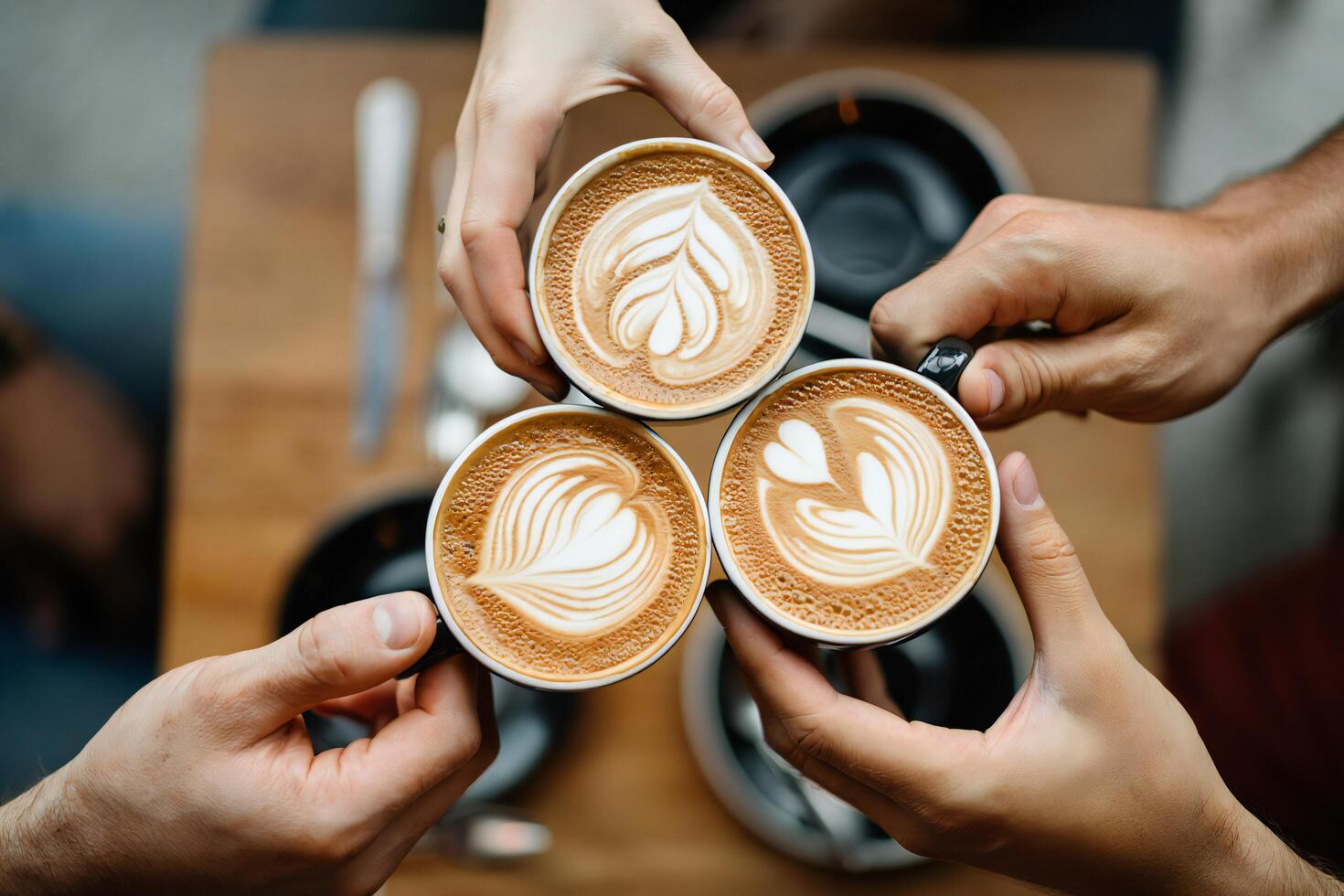 Coffee Background Three Friends Enjoying Latte Art Coffee Together at Cafe photo