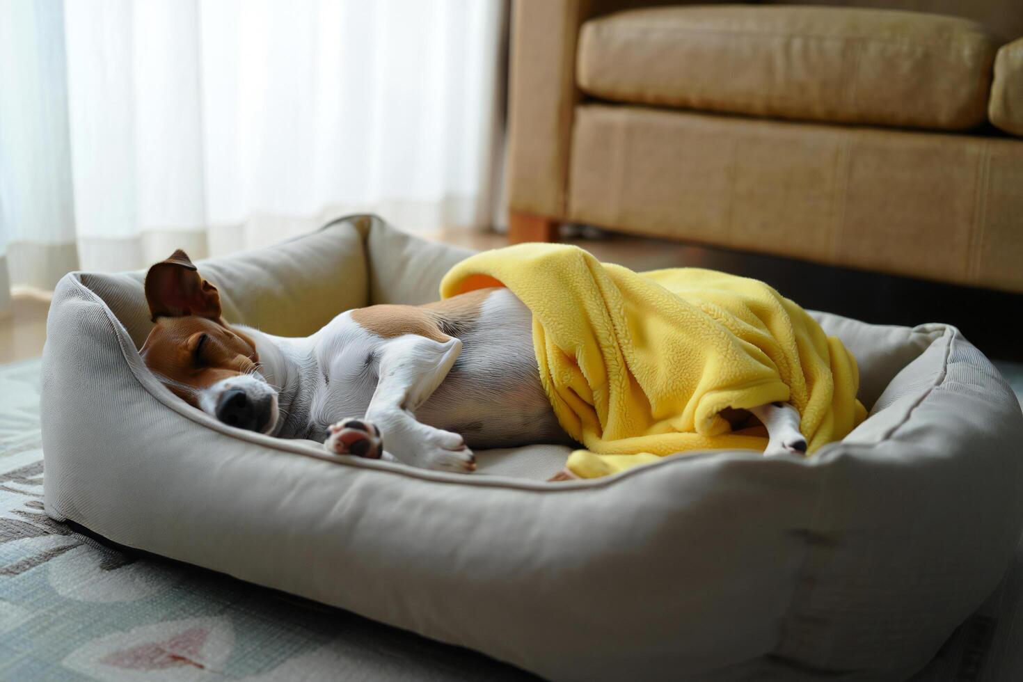 Dog Background Adorable Dog Sleeping Peacefully in Cozy Beige Pet Bed with Yellow Blanket photo