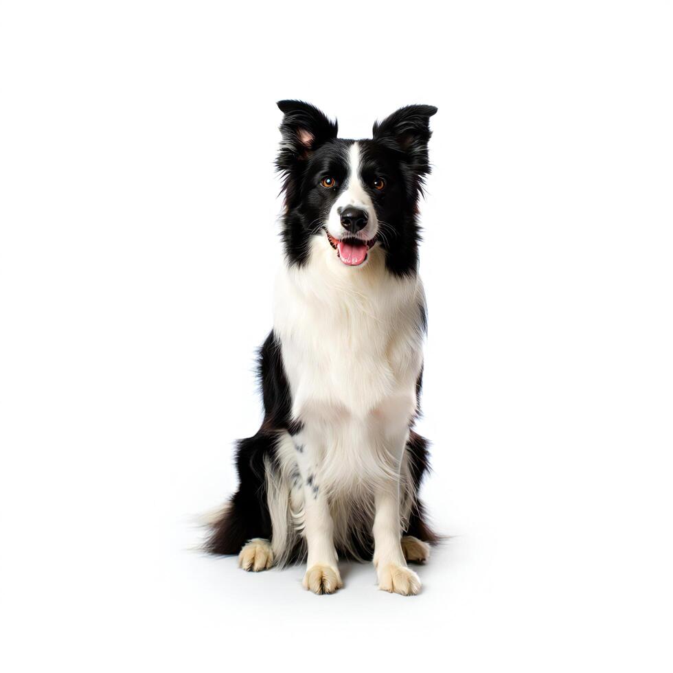 Dog Background Happy Border Collie Dog Sitting Studio Shot White Background Pet Portrait photo