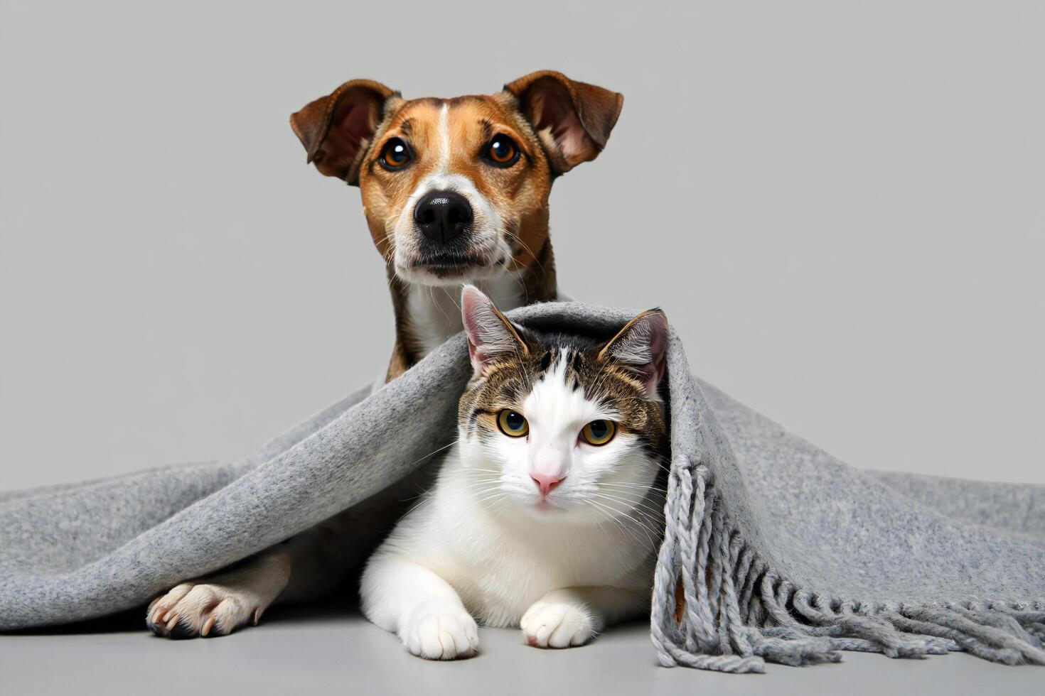 Dog Background Cozy Dog and Cat Under Blanket Pets Relaxing Indoors Winter Animals photo