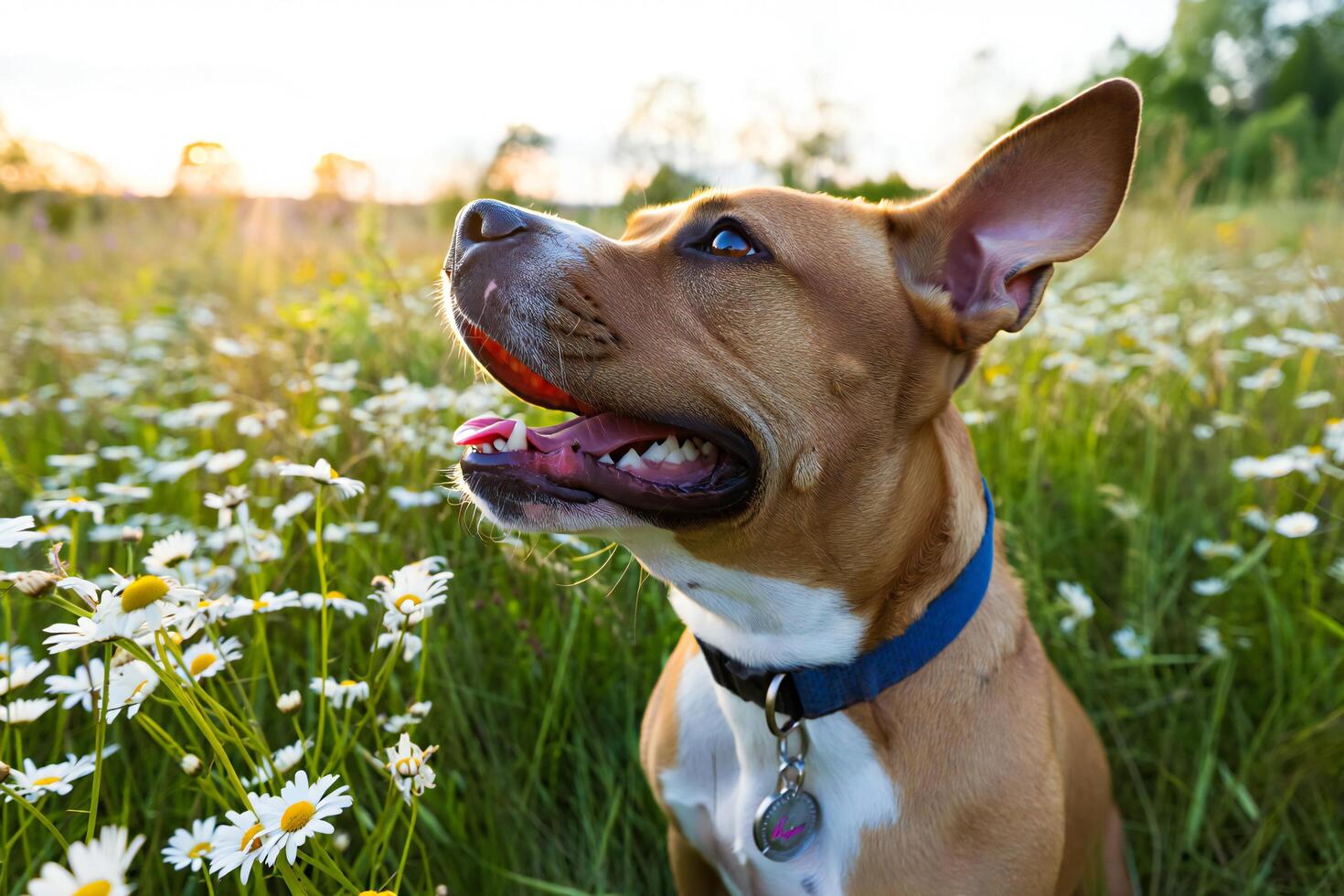 Dog Background Happy Brown and White Pit Bull Dog in Daisy Field Summer Day photo