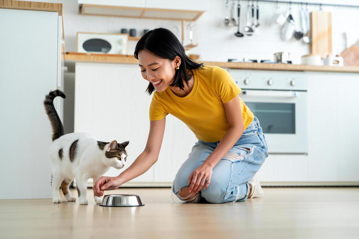 Dog Background Happy Young Woman Kneeling Feeding Adorable Cat in Modern Kitchen photo