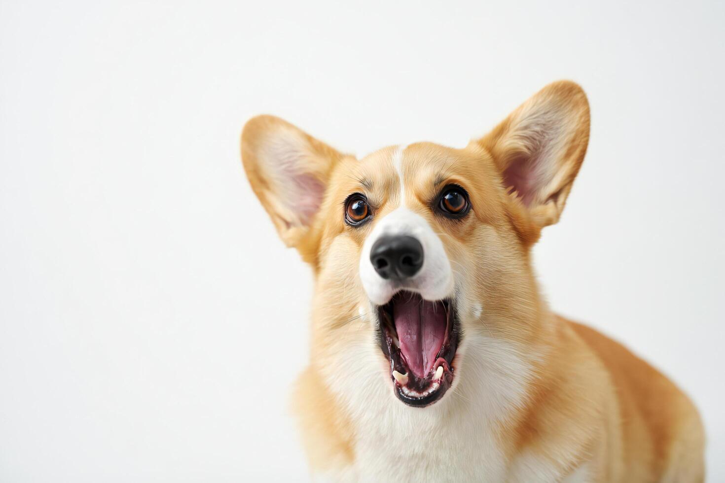 Dog Background Adorable Red Welsh Corgi Puppy with Open Mouth White Background Studio Shot photo