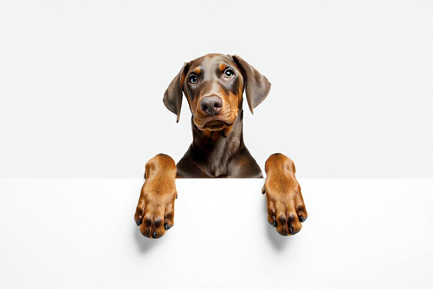 Dog Background Adorable Doberman Puppy Holding Blank Sign Cute Dog Paws Pet Advertisement photo