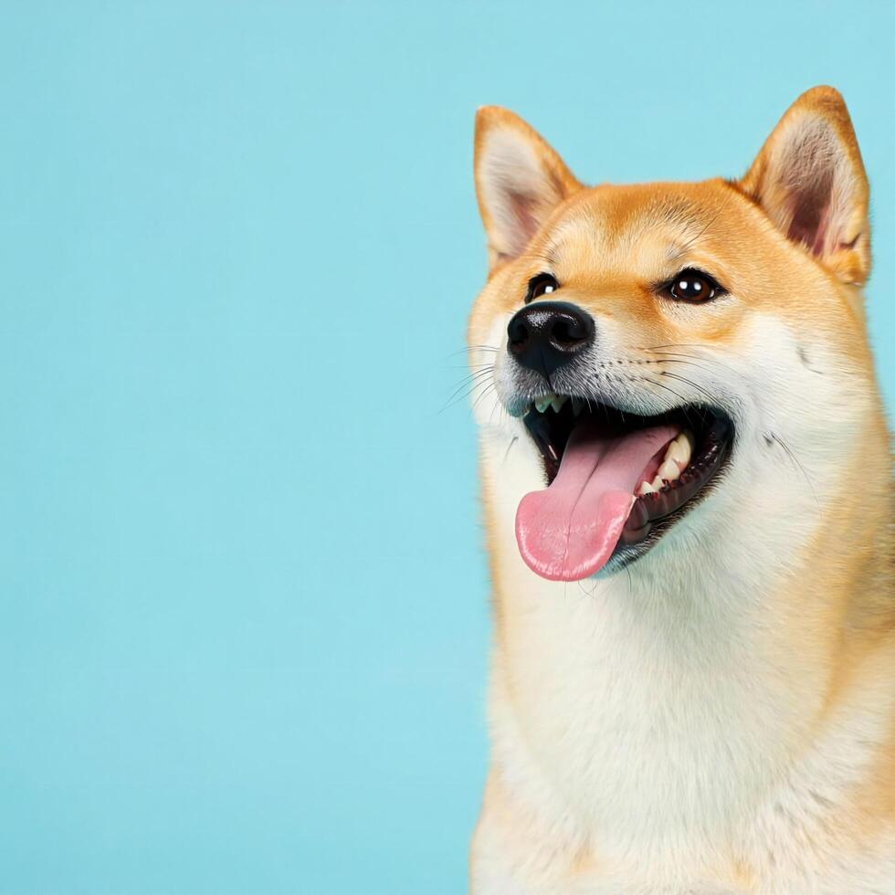 Dog Background Happy Shiba Inu Dog Portrait Adorable Pet Tongue Out Light Blue Background photo