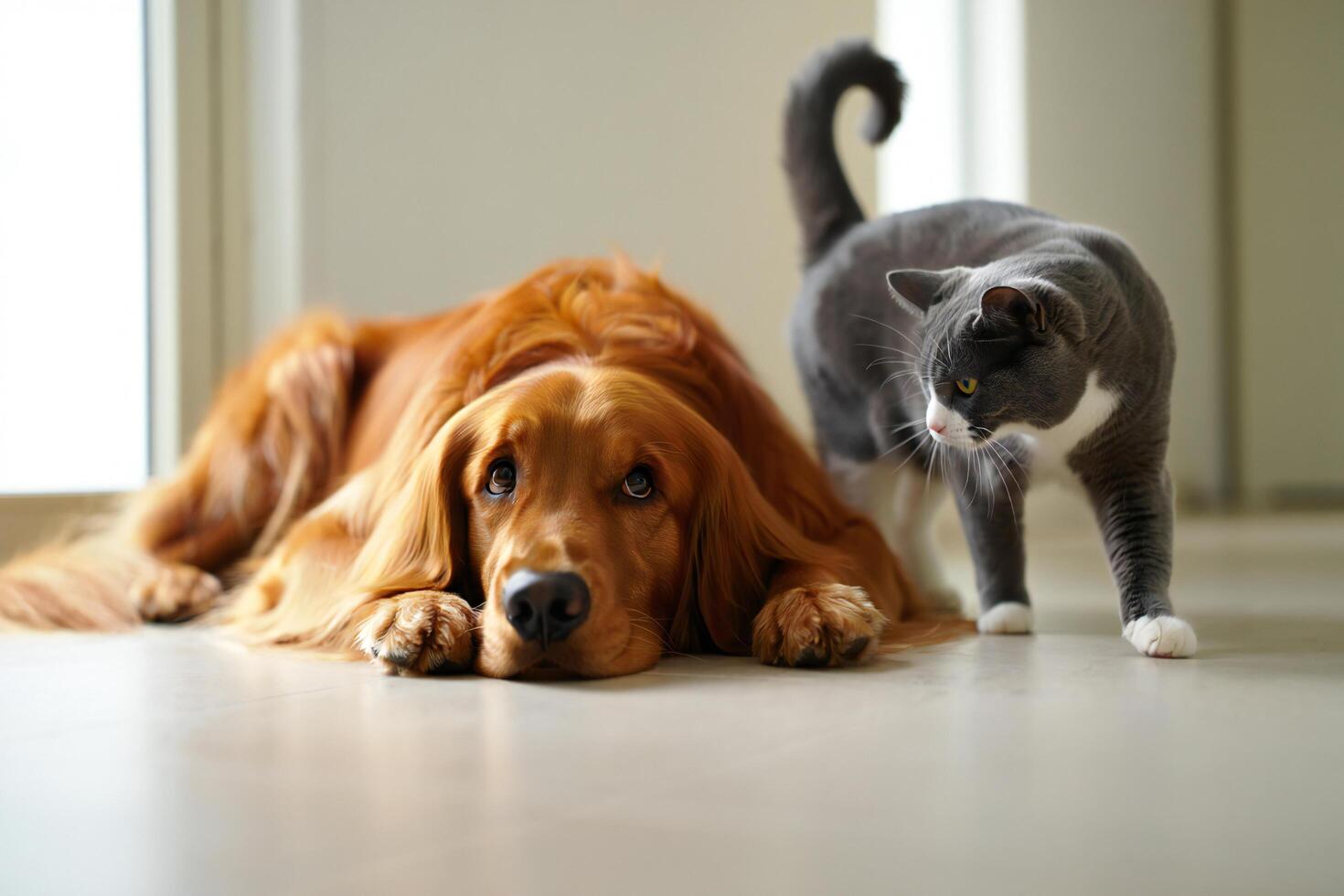 Dog Background Golden Retriever Dog and Gray Cat Indoor Companionship Relaxed Pets Together photo