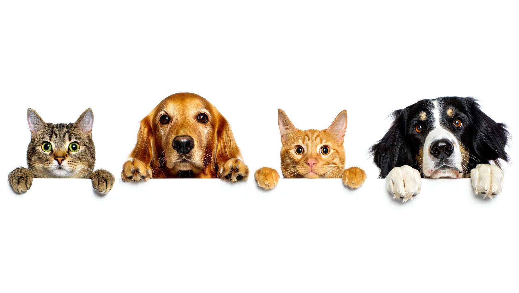 Dog Background Adorable Pets Golden Retriever Cats Bernese Mountain Dog peeking over banner photo