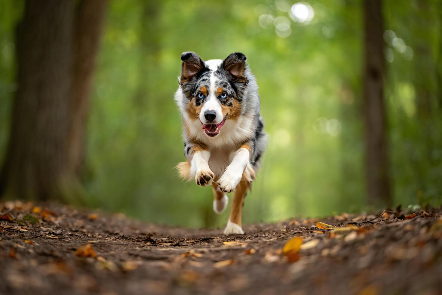 Dog Background Energetic Australian Shepherd Dog Running in Forest Blue Merle Happy Dog photo