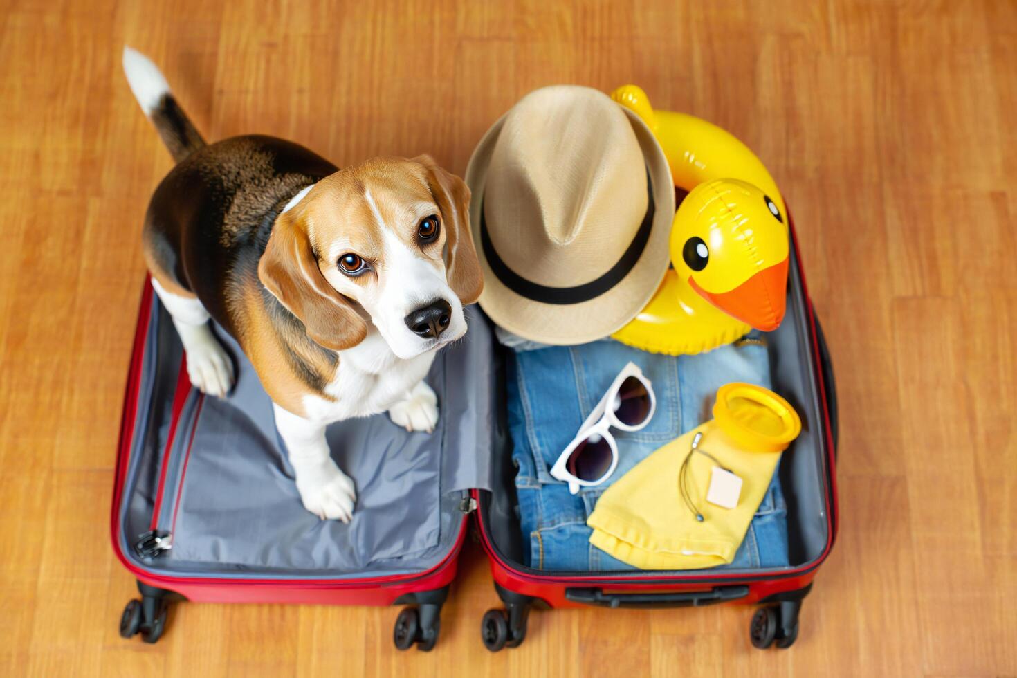 Dog Background Adorable Beagle Dog Ready for Summer Vacation Packed Suitcase Travel photo