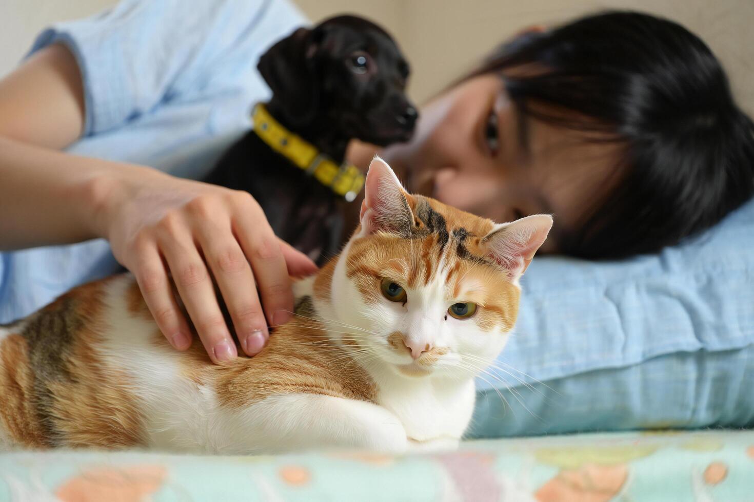 Dog Background Teenager Girl Relaxing in Bed with Cat and Dog Petting Calico Cat photo