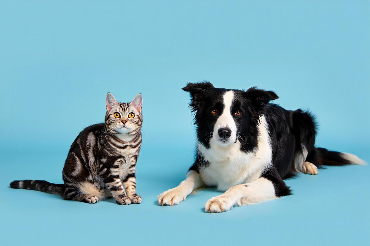 Dog Background Adorable American Shorthair Cat and Border Collie Dog Studio Portrait on Blue Background photo