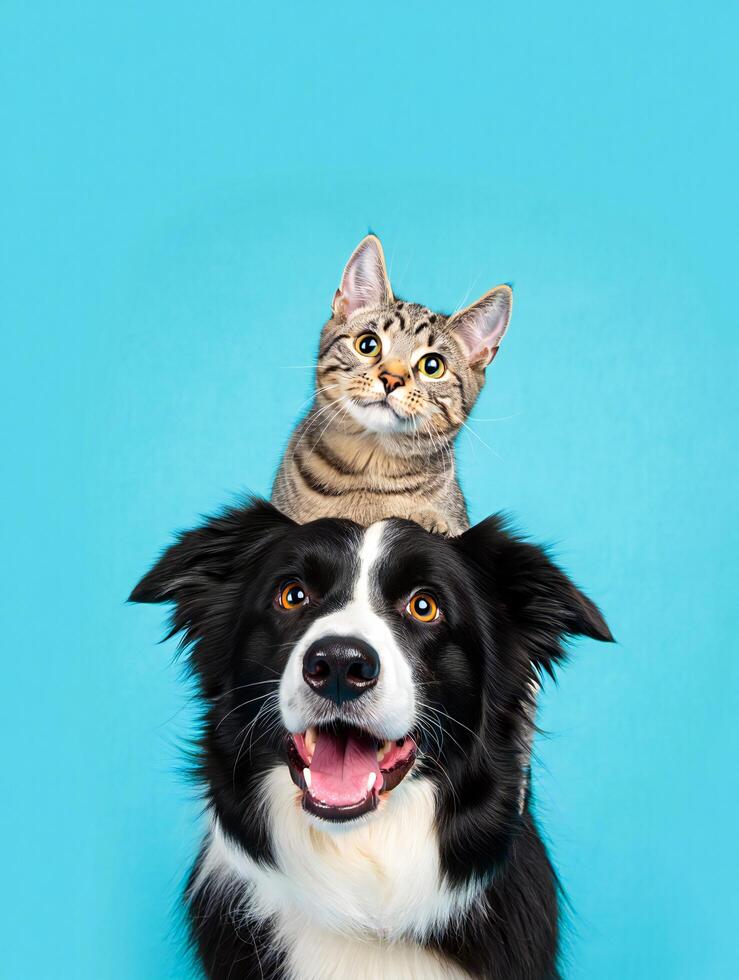 Dog Background Adorable Border Collie Dog with Kitten on Head Cute Pet Friends Blue Background photo