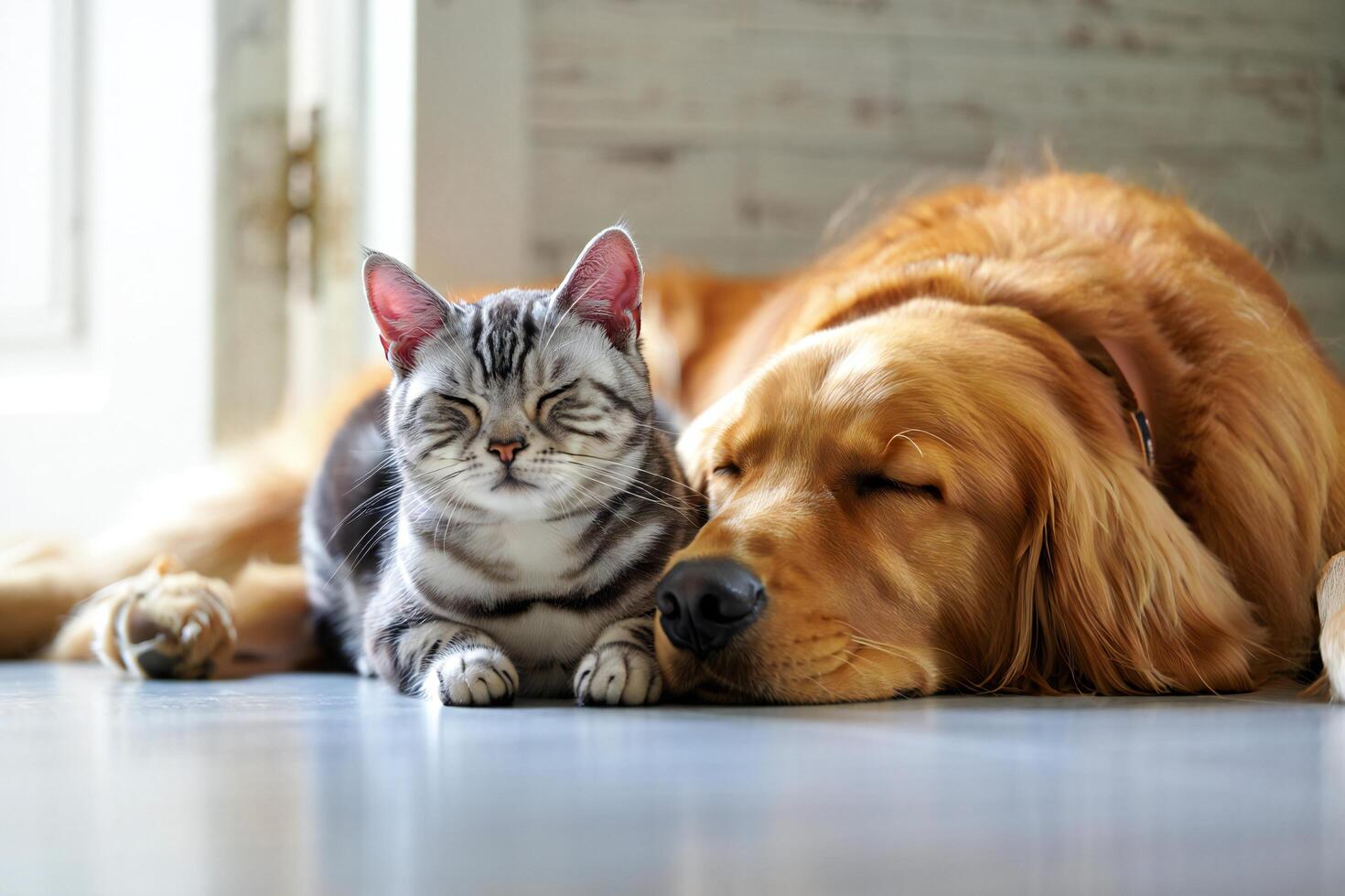 Dog Background Adorable Golden Retriever Dog and American Shorthair Cat Sleeping Together Peacefully Indoors photo