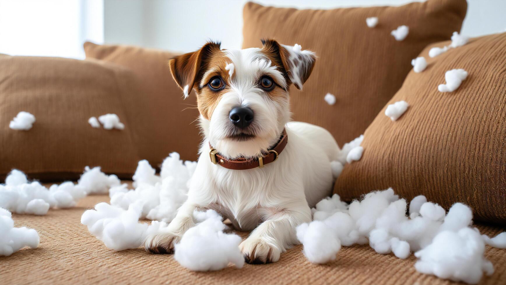 Dog Background Mischievous Puppy on Couch Surrounded by Ripped Pillow Filling Guilty Dog Expression photo