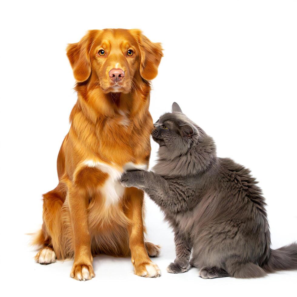 Dog Background Adorable Golden Retriever Dog and Gray Cat Interacting Studio Shot on White Background photo