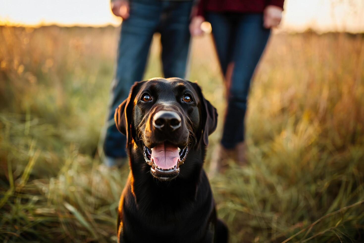 Dog Background Happy Black Labrador Retriever Dog in Field with Owners Out of Focus photo