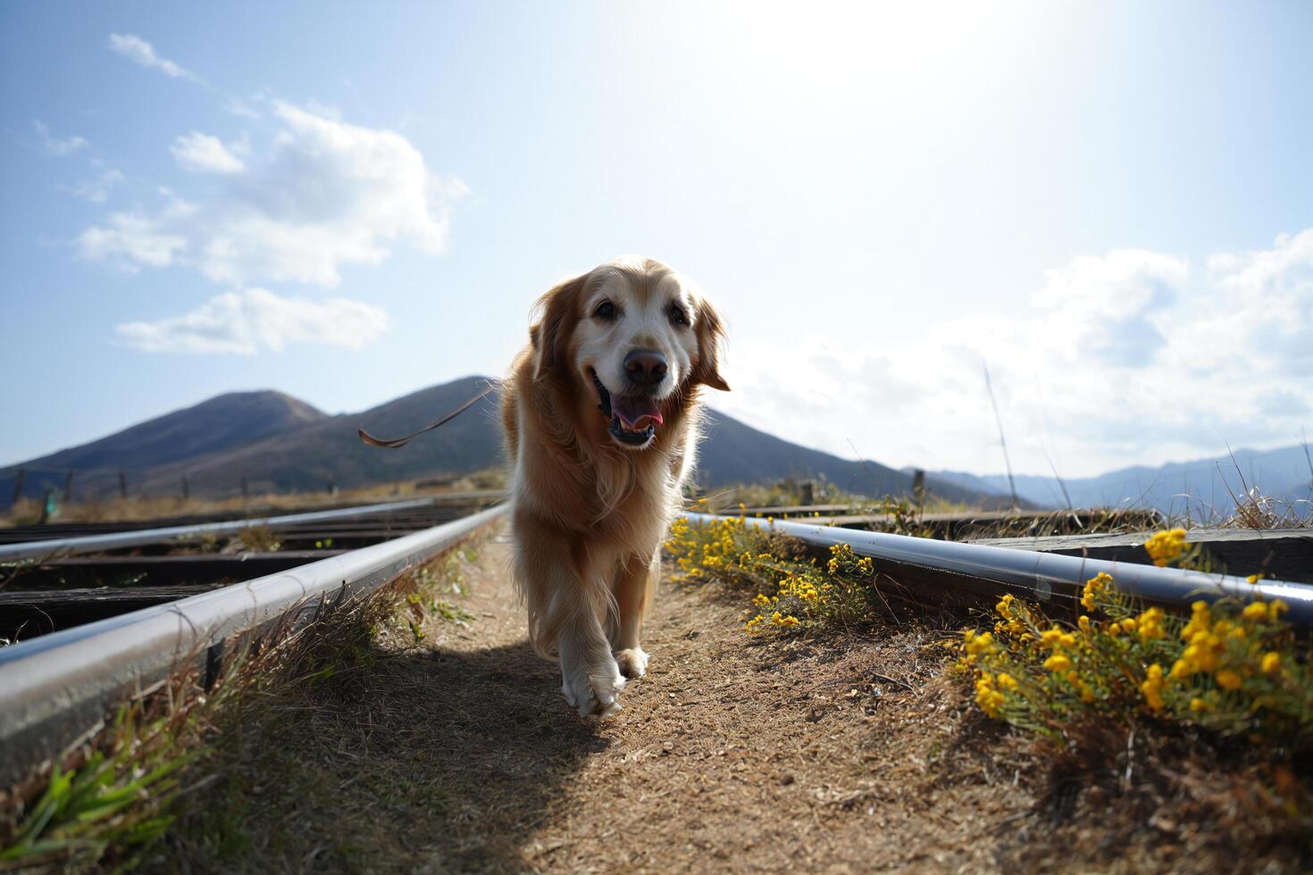 Dog Background Happy Golden Retriever Dog Walking on Railroad Tracks in Mountain Landscape photo