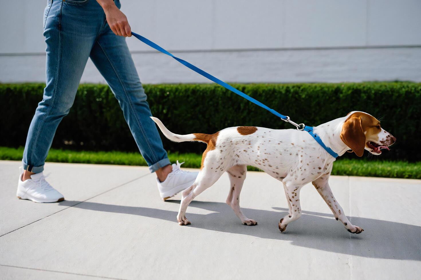 Dog Background Person Walking Dog on Leash Outdoors Sunny Day Canine Pet Lifestyle photo