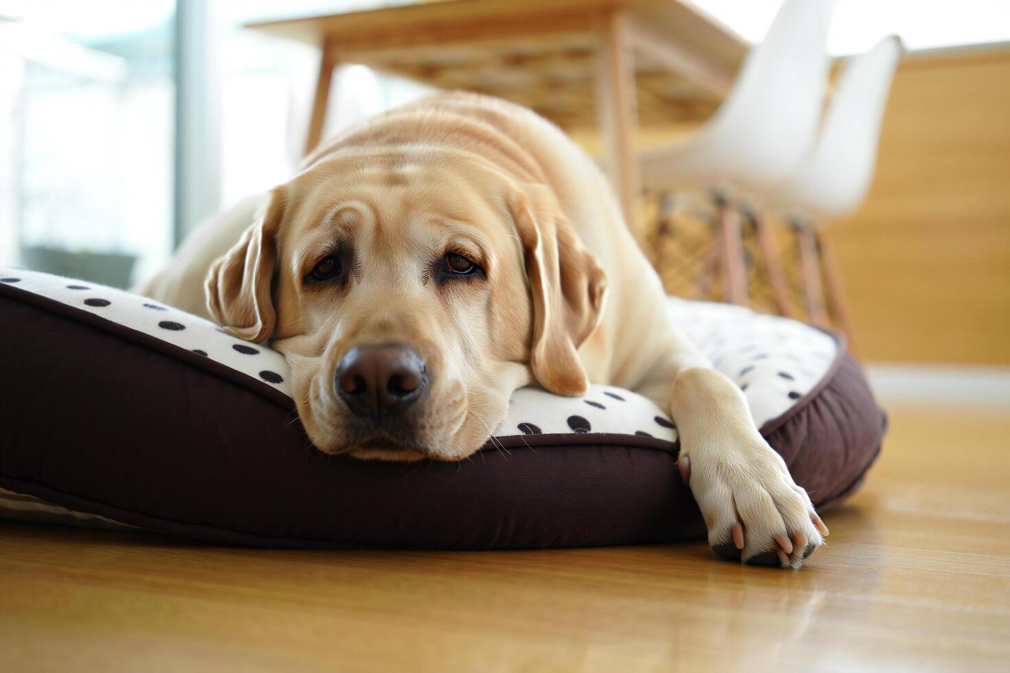 Dog Background Relaxed Yellow Labrador Retriever Dog Resting on its Pet Bed Indoors photo