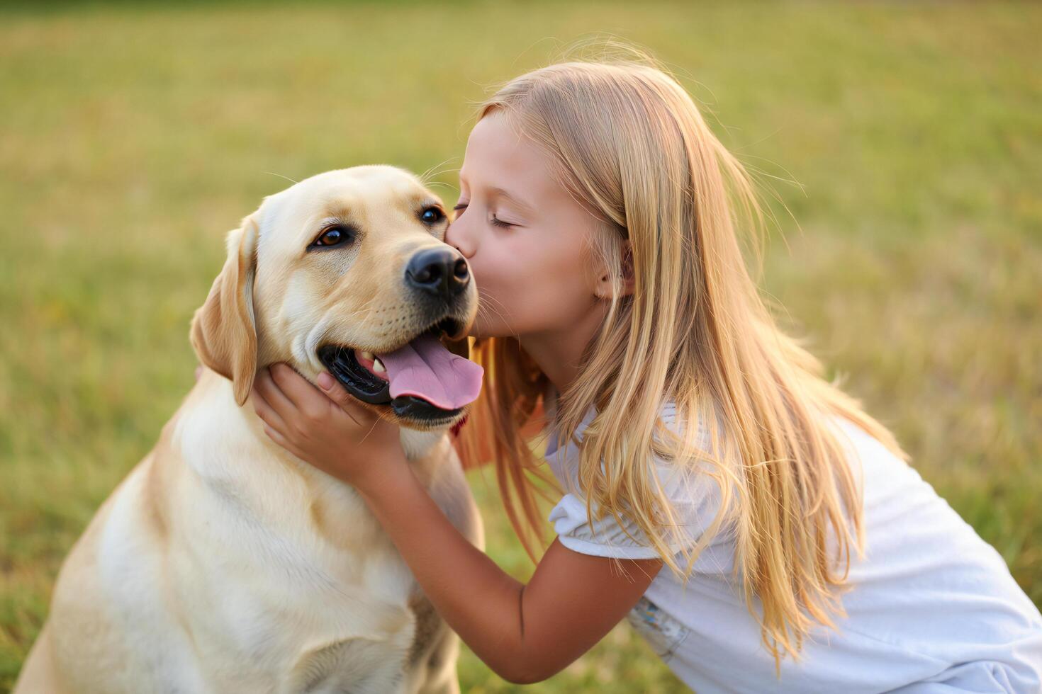 Dog Background Adorable Blonde Girl Kissing Her Labrador Retriever Dog Outdoors in a Park photo