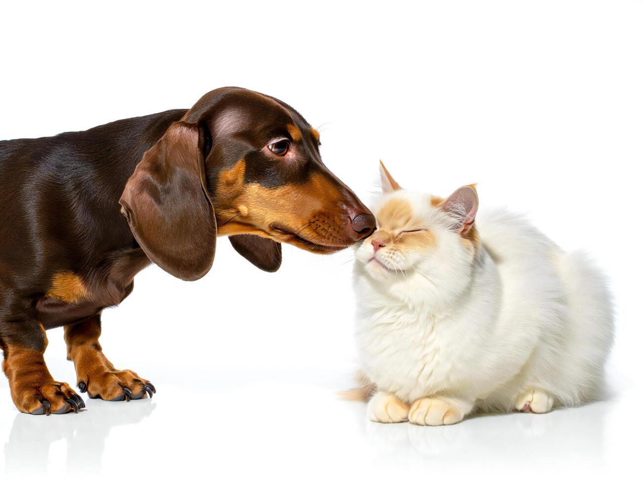 Dog Background Adorable Dachshund Dog Gently Nuzzling Fluffy Ragdoll Cat Interspecies Affection photo