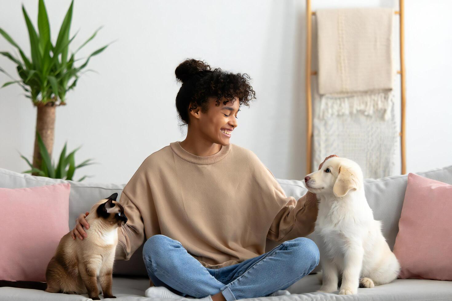 Dog Background Happy Young Woman Relaxing on Sofa with Cute Cat and Puppy Home Pets photo