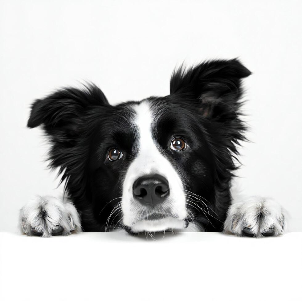 Dog Background Adorable Border Collie Puppy Peeking Over White Surface Studio Shot photo